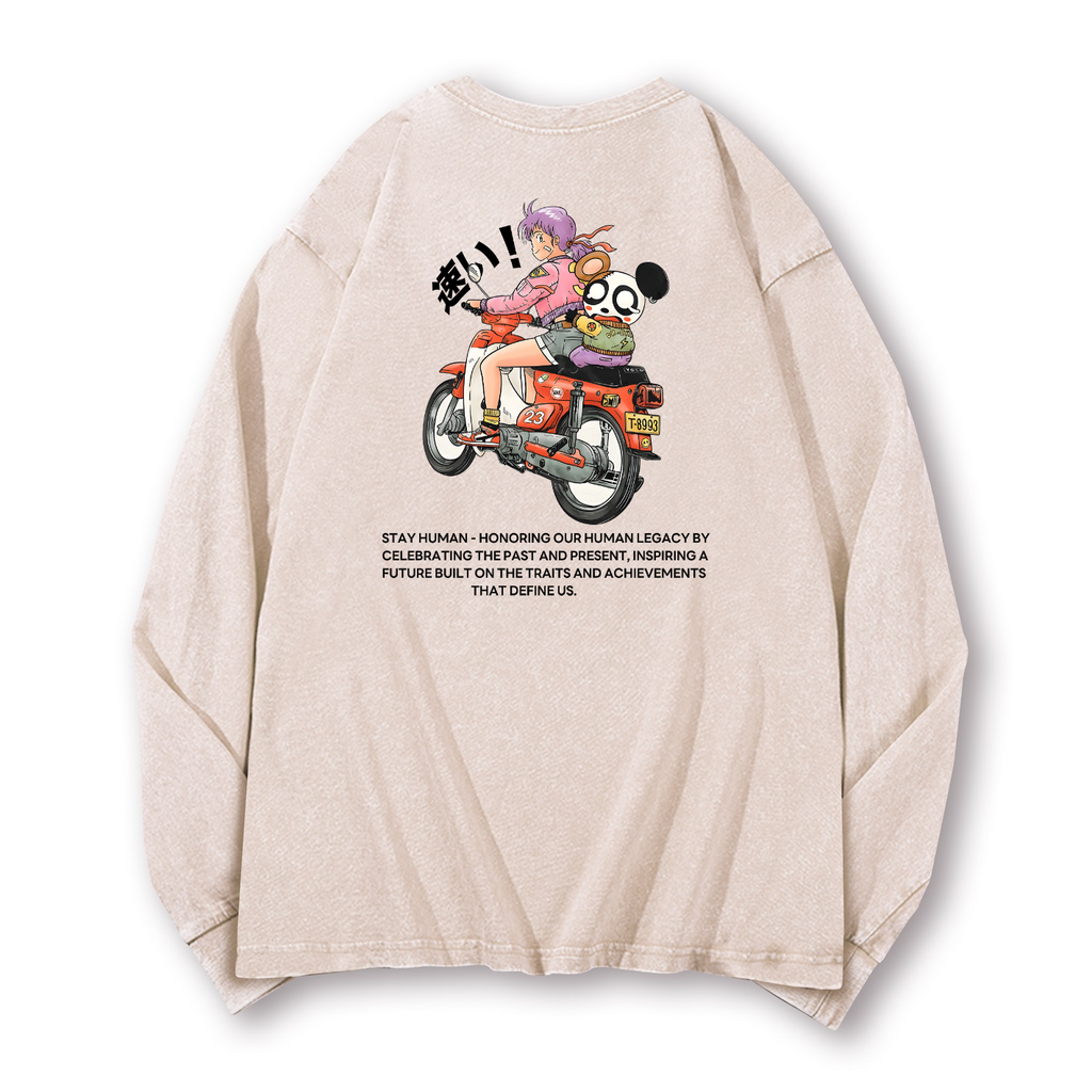 Motorcycle Bike Vintage Washed Cotton Back Art Long-sleeve T-shirt