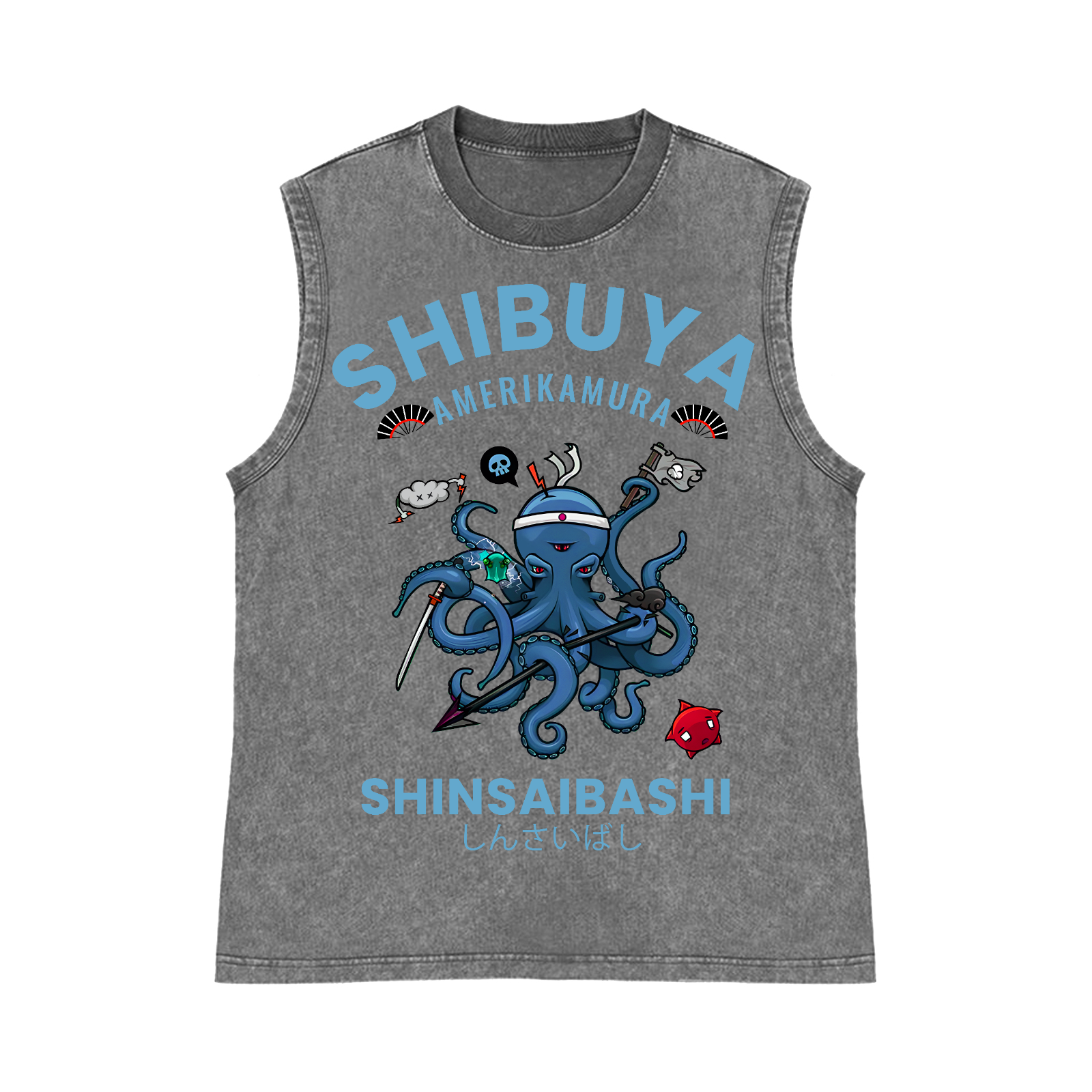 Shibuya Octopus Pure Cotton Wash-Dyed Sleeveless Tank Top