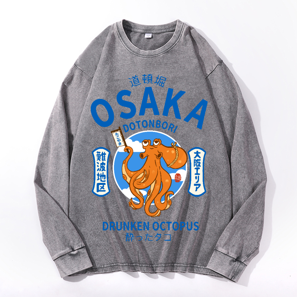 Osaka Dotonbori Drunken Octopus Vintage Cotton Wash Crewneck Long-Sleeve T-Shirt