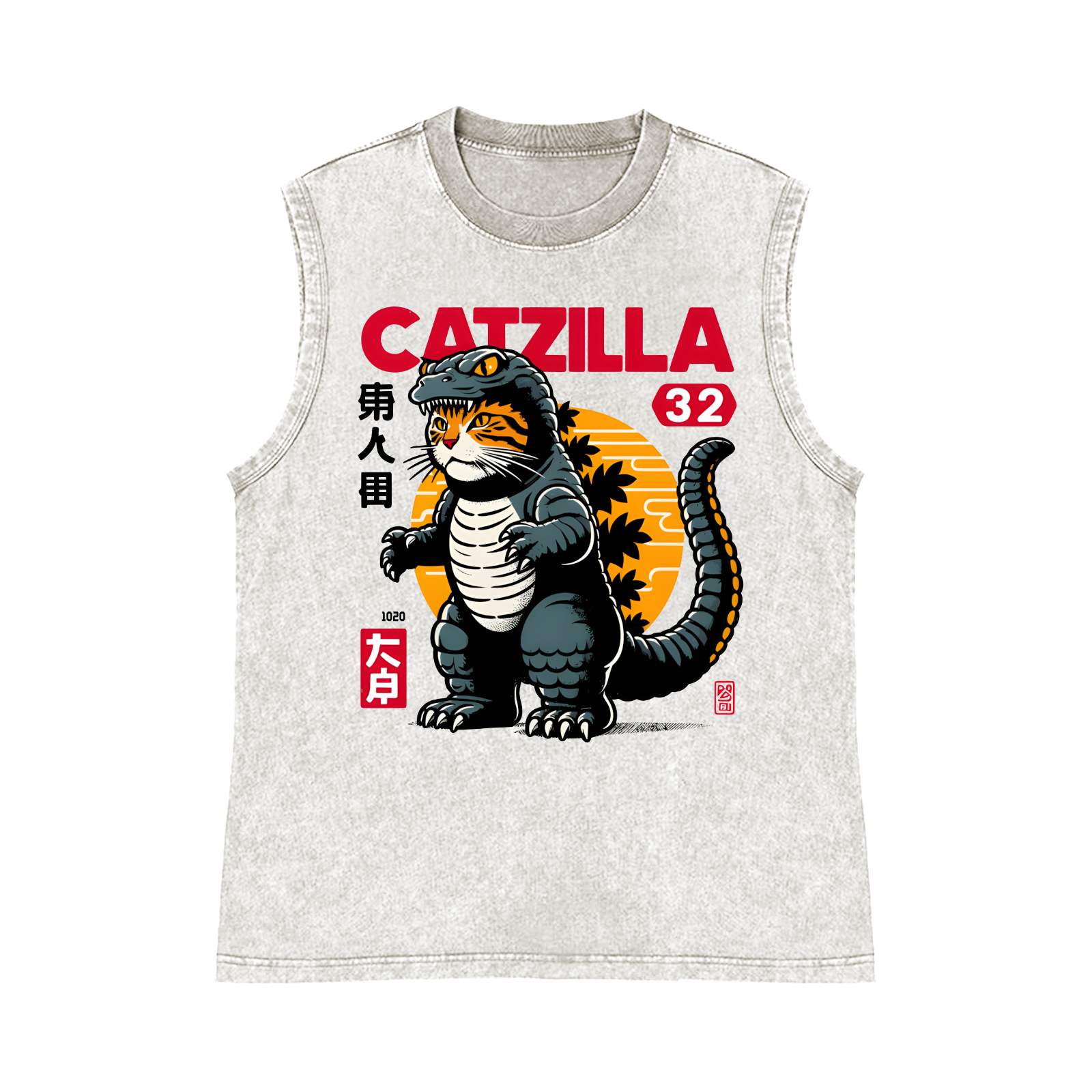 Catzilla Cat Kaiju Pure Cotton Wash-Dyed Sleeveless Tank Top