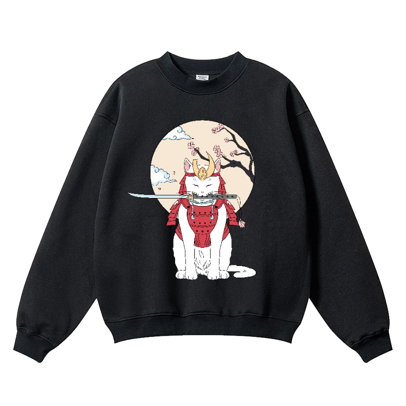 Cat Samurai Vintage Cotton Blend Crewneck Sweatshirt
