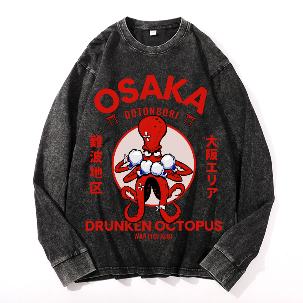 Osaka Drunken Octopus Vintage Cotton Wash Crewneck Long-Sleeve T-Shirt