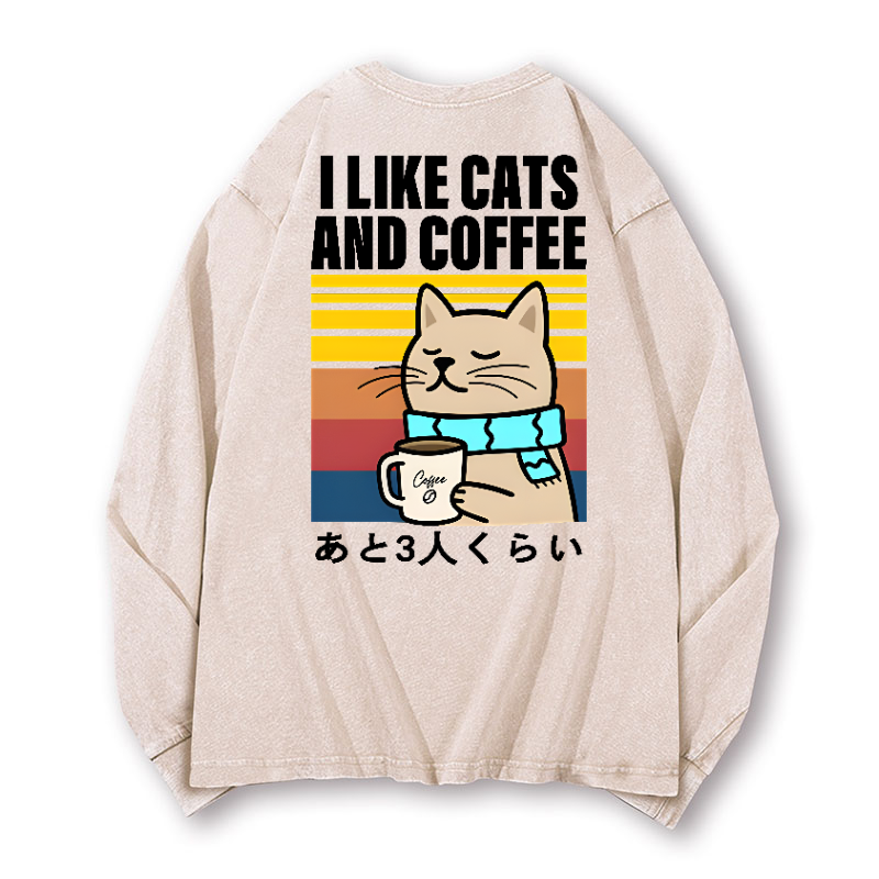 Cat Coffee Vintage Washed Cotton Back Art Long-sleeve T-shirt