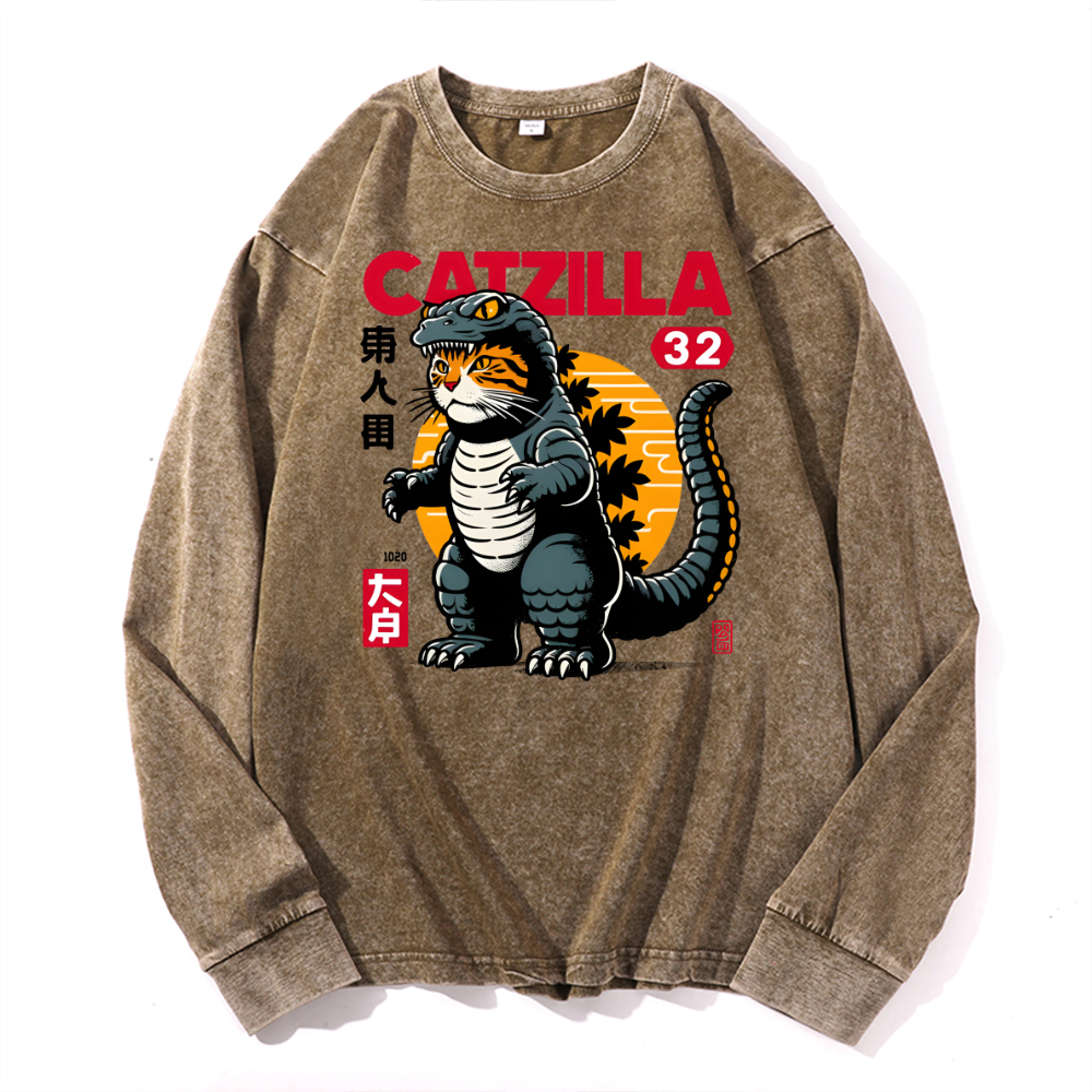 Catzilla Cat Kaiju Vintage Cotton Wash Crewneck Long-Sleeve T-Shirt