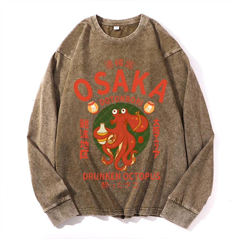 Osaka Dotonbori Drunken Octopus Vintage Cotton Wash Crewneck Long-Sleeve T-Shirt