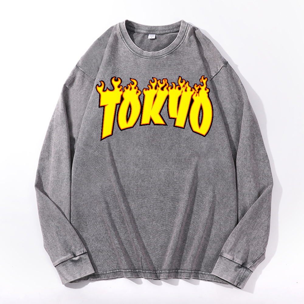 Tokyo Vintage Cotton Wash Crewneck Long-Sleeve T-Shirt