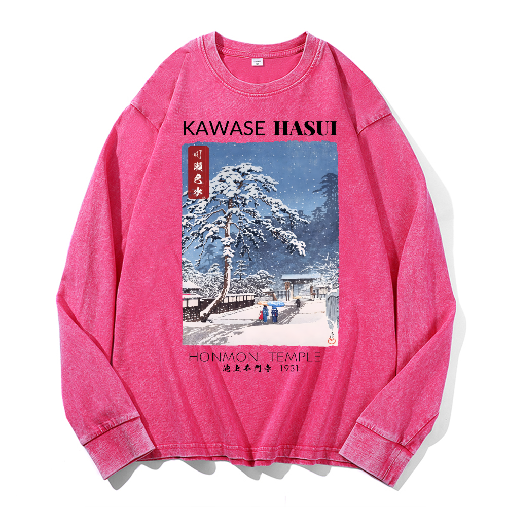 Honmon Temple Vintage Cotton Wash Crewneck Long-Sleeve T-Shirt
