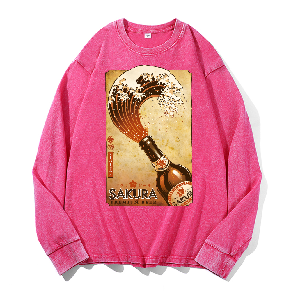 Sakura Wave Vintage Cotton Wash Crewneck Long-Sleeve T-Shirt