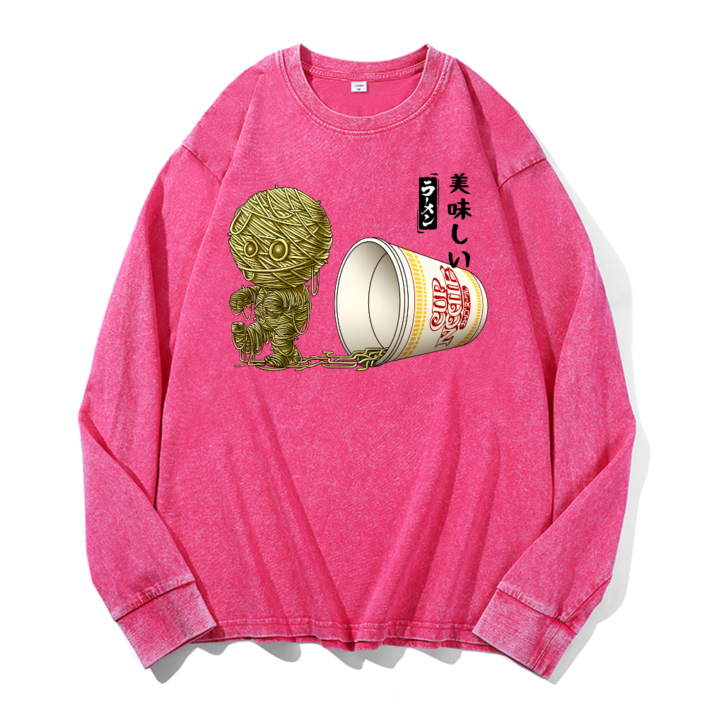 Cup Noodle Mummy Vintage Cotton Wash Crewneck Long-Sleeve T-Shirt