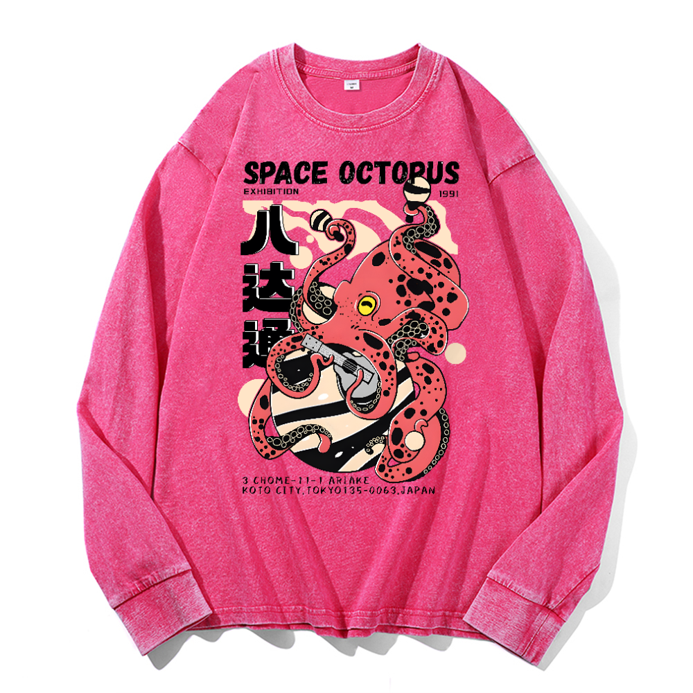 Space Octopus Vintage Cotton Wash Crewneck Long-Sleeve T-Shirt