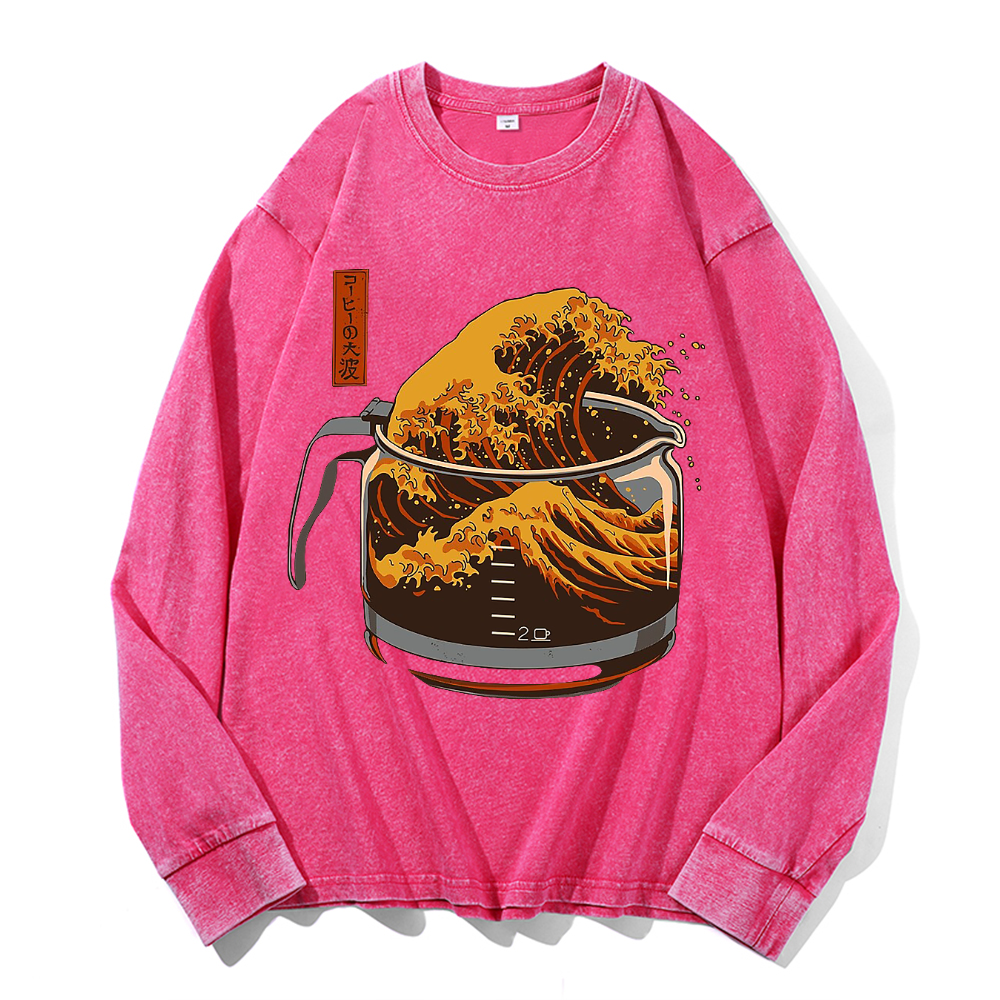 The Great Wave off Kanagawa Vintage Cotton Wash Crewneck Long-Sleeve T-Shirt