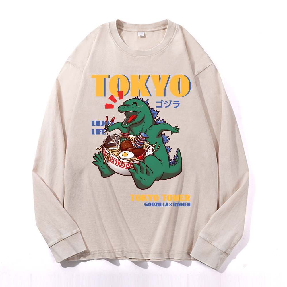 Tokyo Kaiju Ramen Vintage Cotton Wash Long-sleeve T-shirt