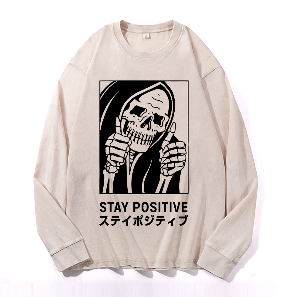 Stay Positive Skull Vintage Cotton Wash Crewneck Sweatshirt
