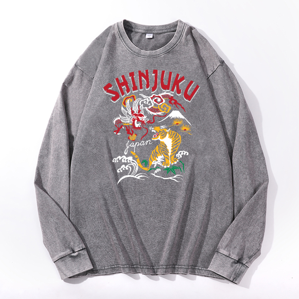 Shinjuku Tiger Vintage Cotton Wash Crewneck Long-Sleeve T-Shirt