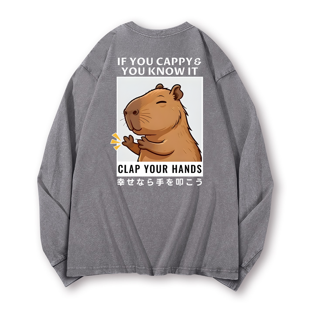 Capybara Vintage Washed Cotton Back Art Long-sleeve T-shirt