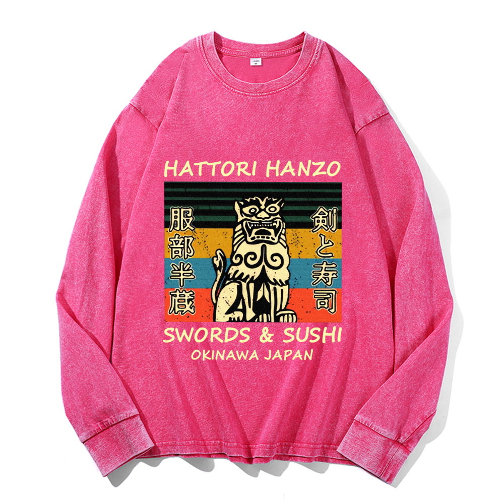 Hattori Hanzo Komainu Okinawa Japan Vintage Cotton Wash Crewneck Long-Sleeve T-Shirt