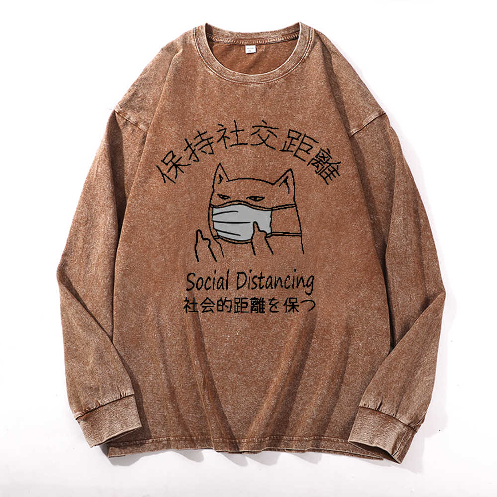 Social Distancing Vintage Cotton Wash Crewneck Long-Sleeve T-Shirt