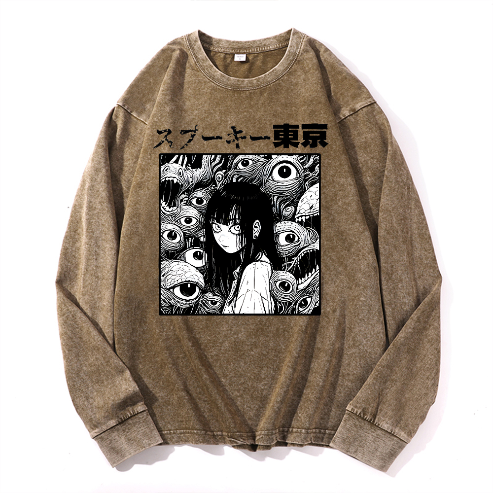 Horror manga Vintage Cotton Wash Crewneck Long-Sleeve T-Shirt