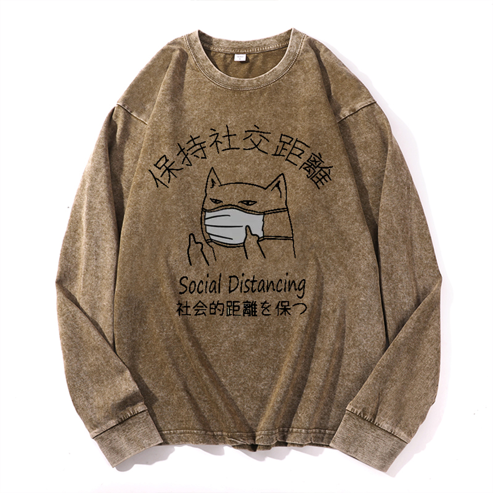 Social Distancing Vintage Cotton Wash Crewneck Long-Sleeve T-Shirt
