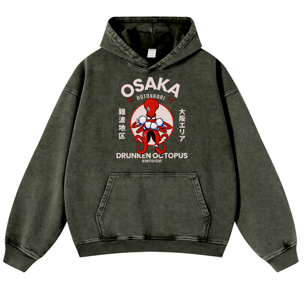 Osaka Drunken Octopus Vintage Washed Thick Cotton Hoodie