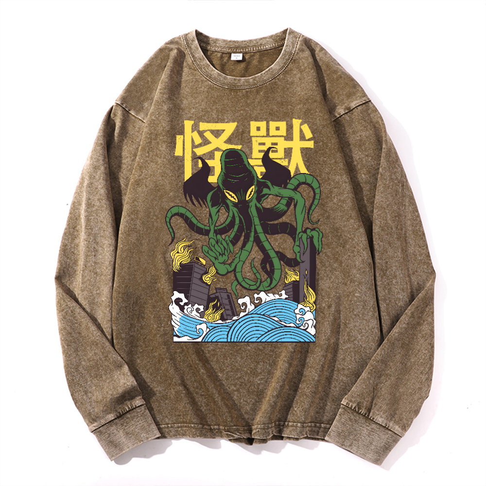 Octopus Monster Vintage Cotton Wash Crewneck Long-Sleeve T-Shirt