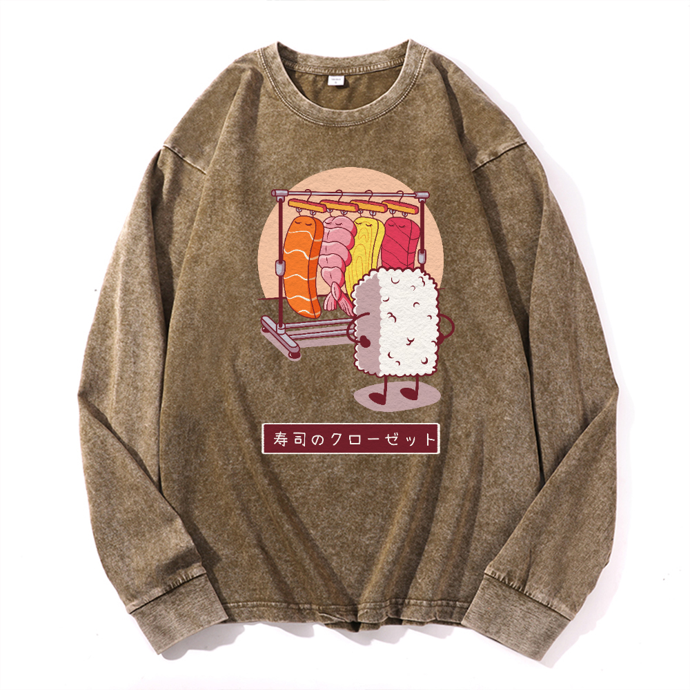 Sushi Vintage Cotton Wash Crewneck Long-Sleeve T-Shirt