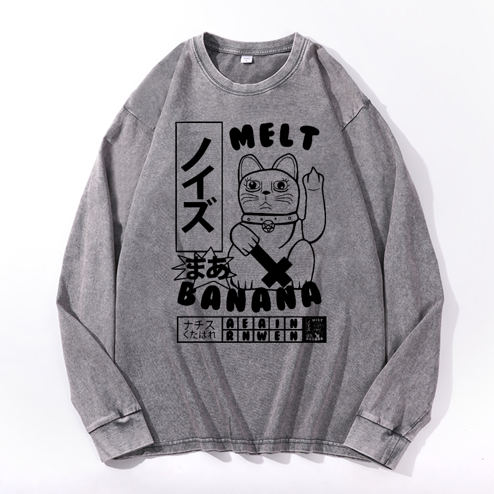 Cat Vintage Cotton Wash Crewneck Long-Sleeve T-Shirt