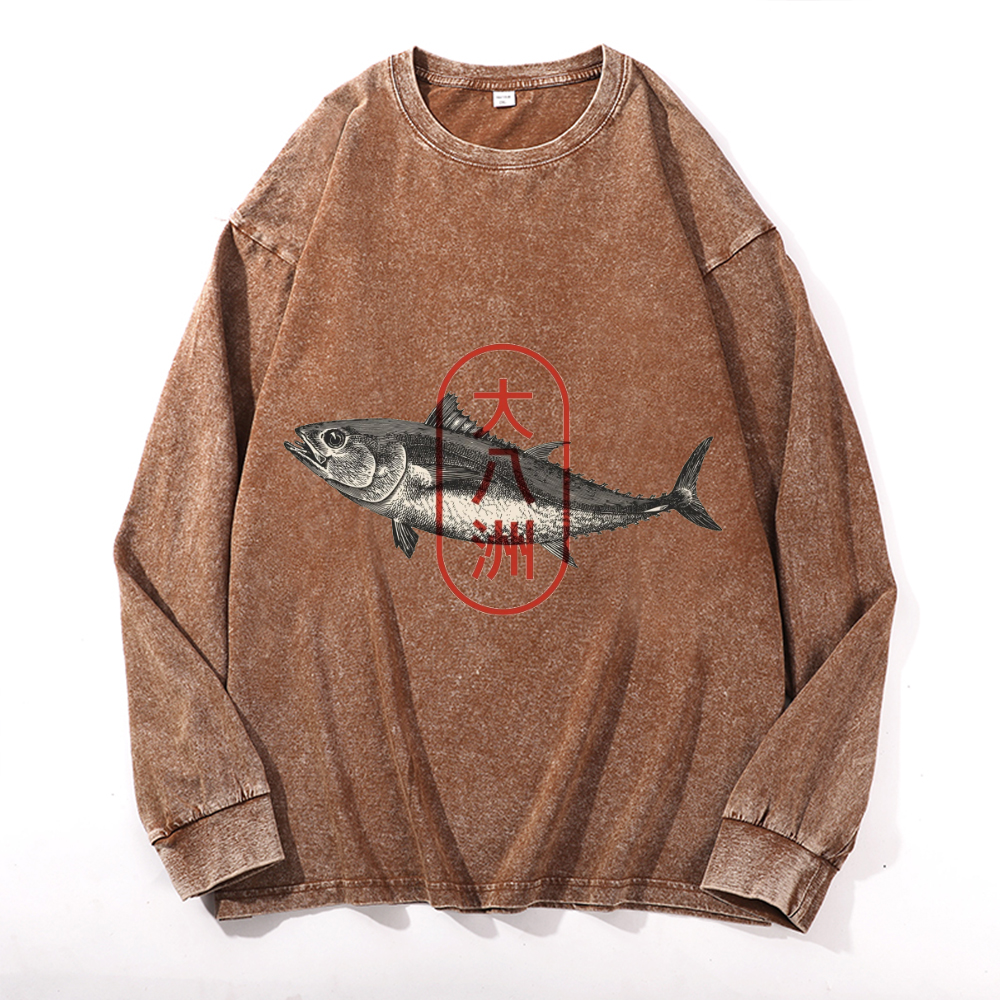 Great Eight Islands of Japan Vintage Cotton Wash Crewneck Long-Sleeve T-Shirt