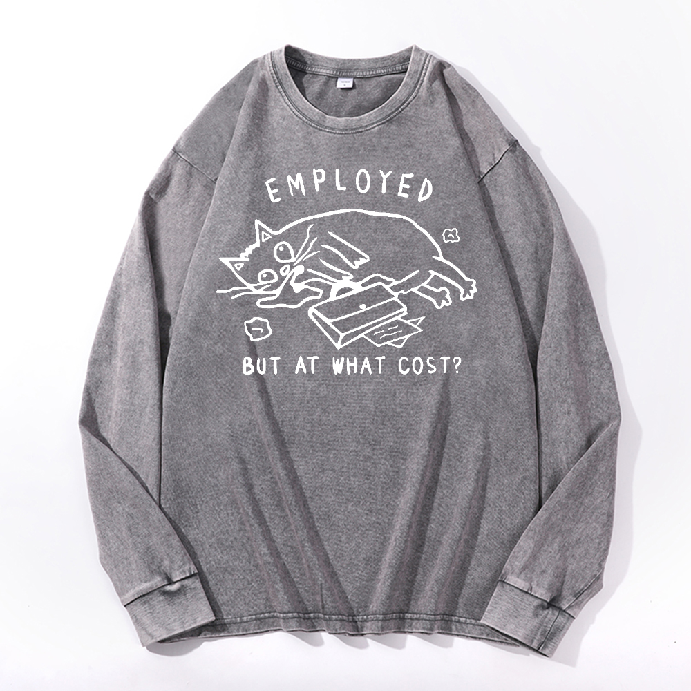 Cat Vintage Cotton Wash Crewneck Long-Sleeve T-Shirt