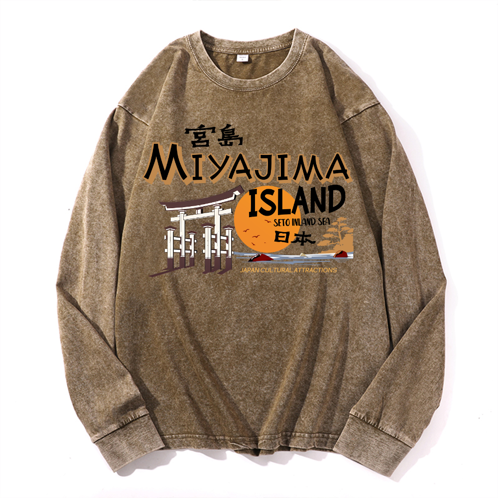 Hiroshima Miyajima Island Vintage Cotton Wash Crewneck Long-Sleeve T-Shirt