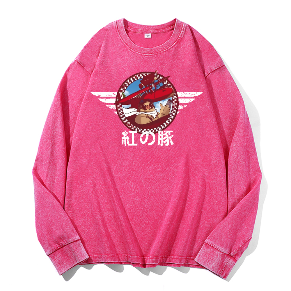 Ghibli Porco Rosso Vintage Cotton Wash Long-sleeve T-shirt