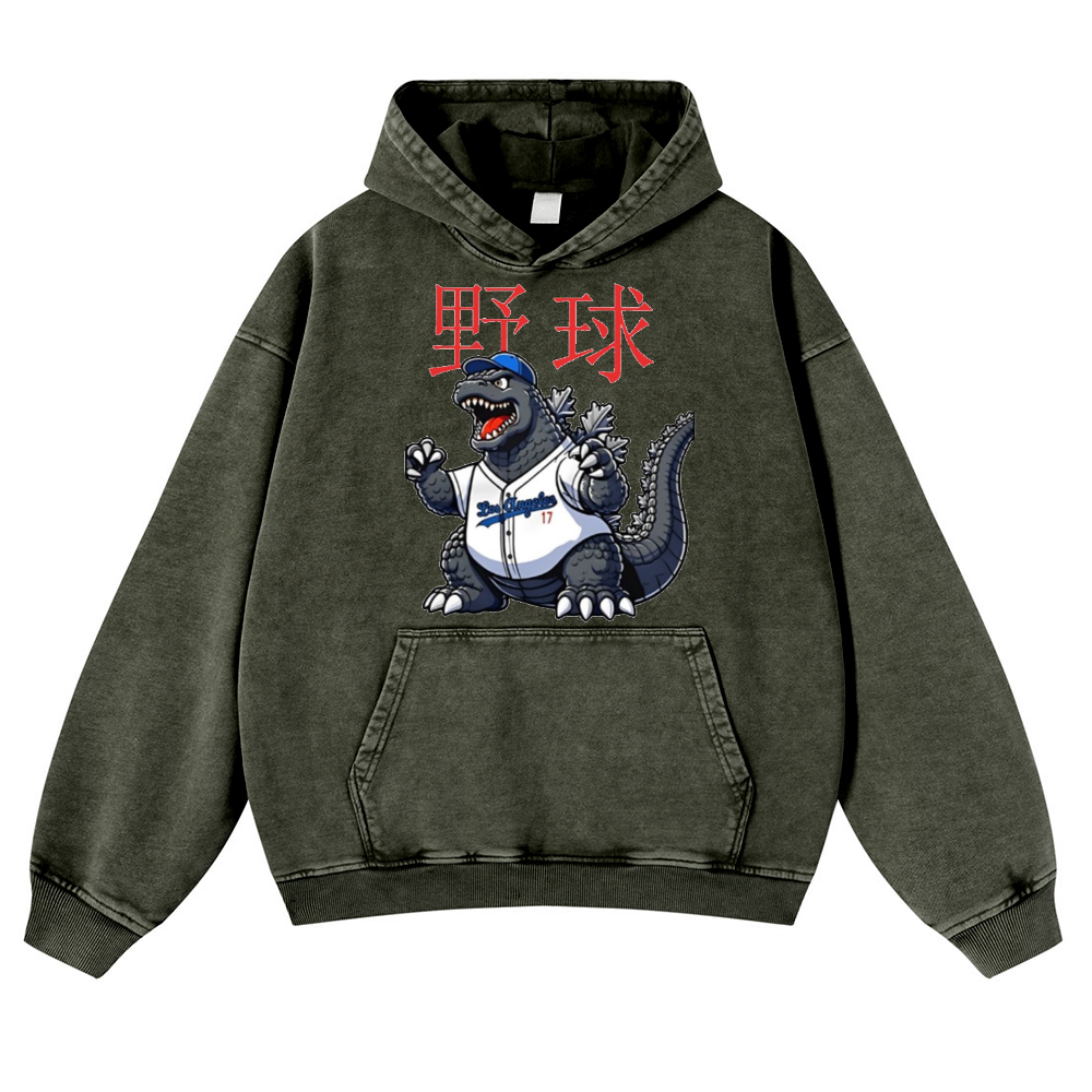 Kaiju Baseball Adventure Vintage Washed Thick Cotton Hoodie