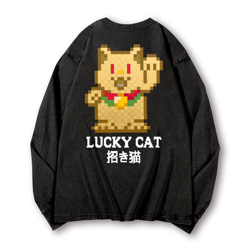 Mosaic Lucky Cat Vintage Washed Cotton Back Art Long-sleeve T-shirt