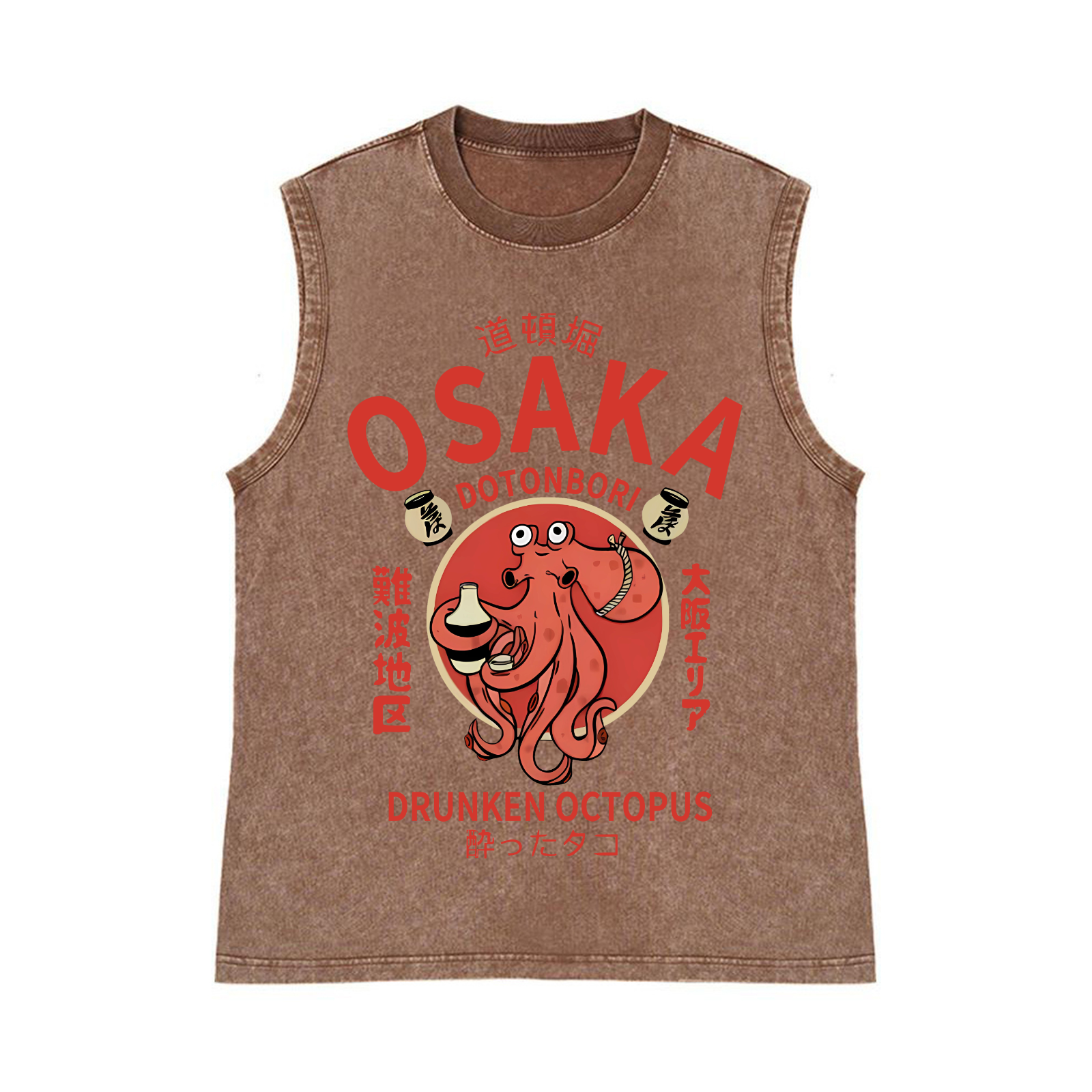 Osaka Dotonbori Drunken Octopus Pure Cotton Wash-Dyed Sleeveless Tank Top
