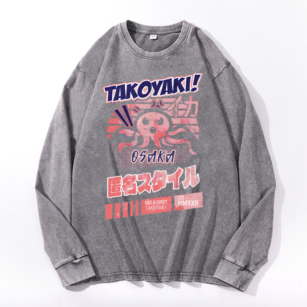 Takoyaki Octpous Vintage Cotton Wash Crewneck Long-Sleeve T-Shirt