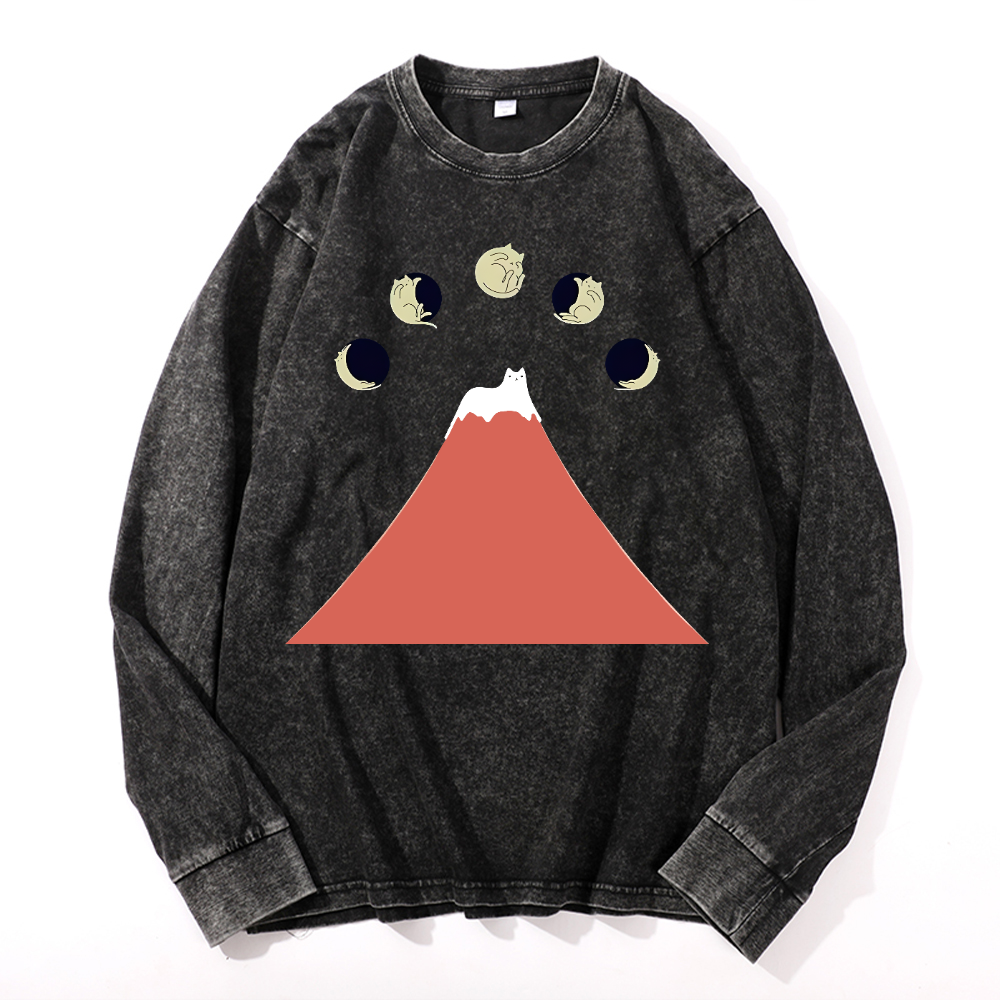 Fuji Cat Vintage Cotton Wash Crewneck Long-Sleeve T-Shirt