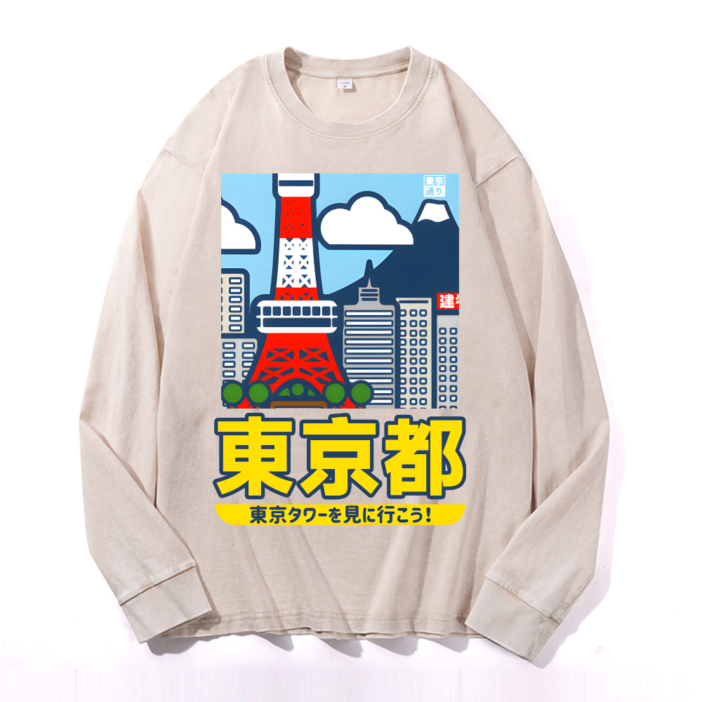 Tokyo Tower Vintage Cotton Wash Crewneck Long-Sleeve T-Shirt