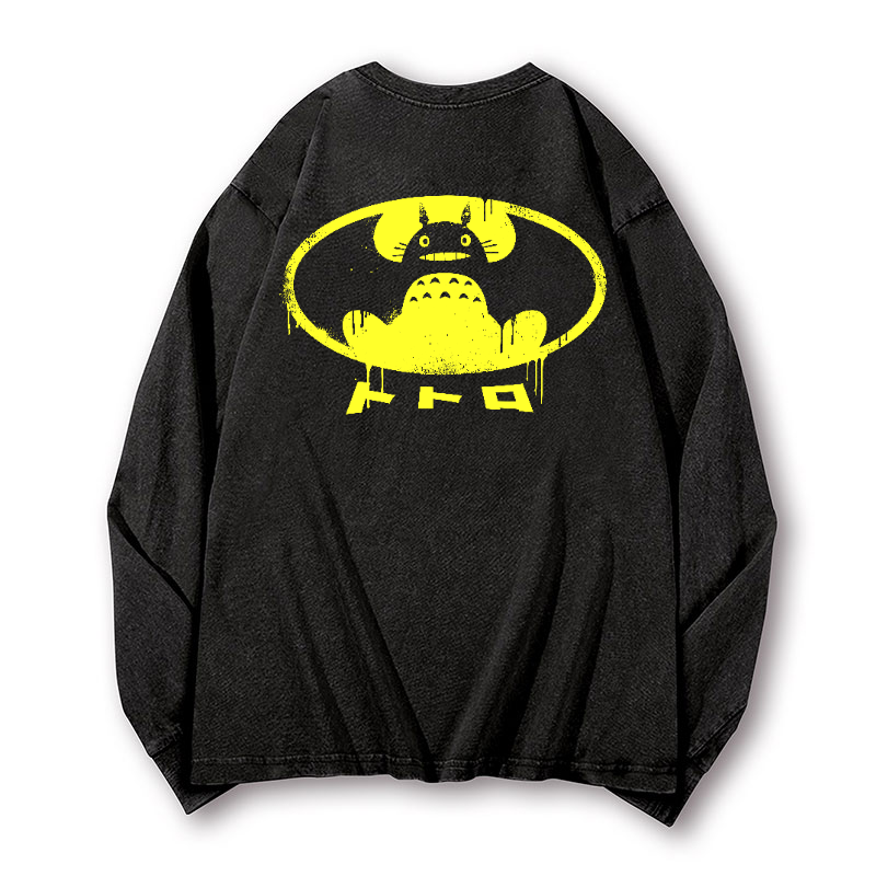 Ghibli Totoro Batman Vintage Washed Cotton Back Art Long-sleeve T-shirt