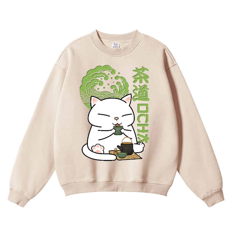 Green Tea Cat Vintage Cotton Blend Crewneck Sweatshirt