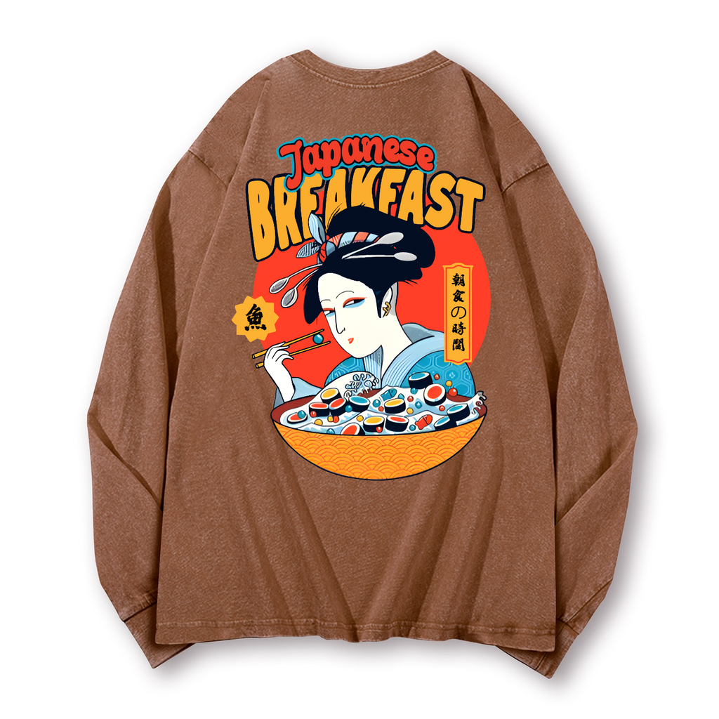Geisha Fish Sushi Vintage Washed Cotton Back Art Long-sleeve T-shirt
