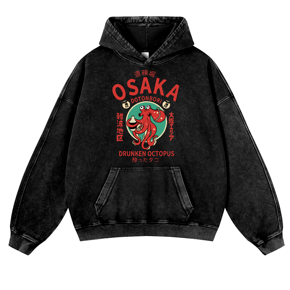 Osaka Drunken Octopus Vintage Washed Thick Cotton Hoodie