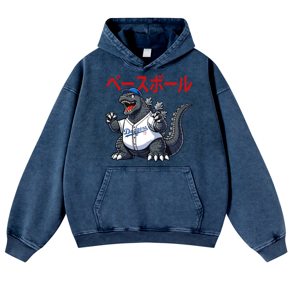 Dodgers Kaiju 17  Baseball Vintage Washed Thick Cotton Hoodie