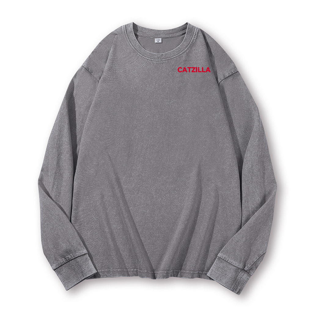Cat Kaiju Catzilla Vintage Washed Cotton Back Art Long-sleeve T-shirt