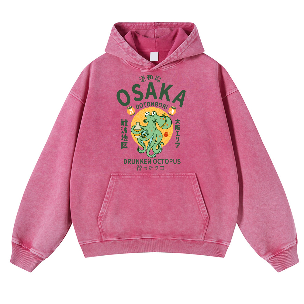 Osaka Dotonbori Drunken Octopus Vintage Washed Thick Cotton Hoodie
