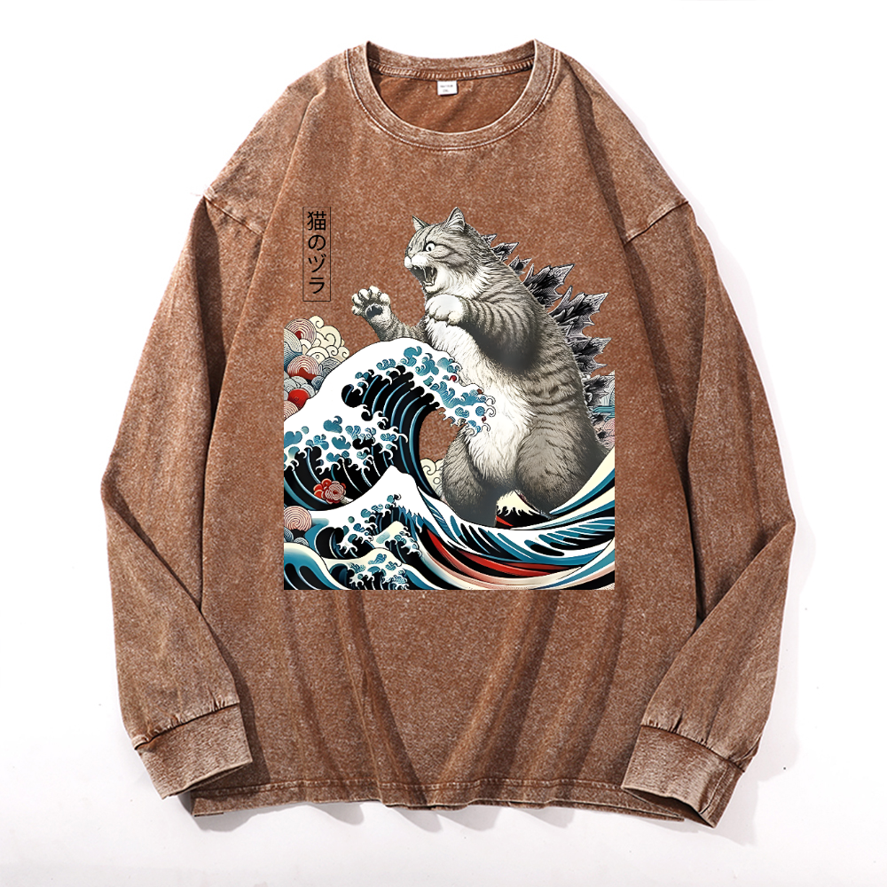 Cat Kaiju Ukiyoe Great Wave Vintage Cotton Wash Crewneck Long-Sleeve T-Shirt