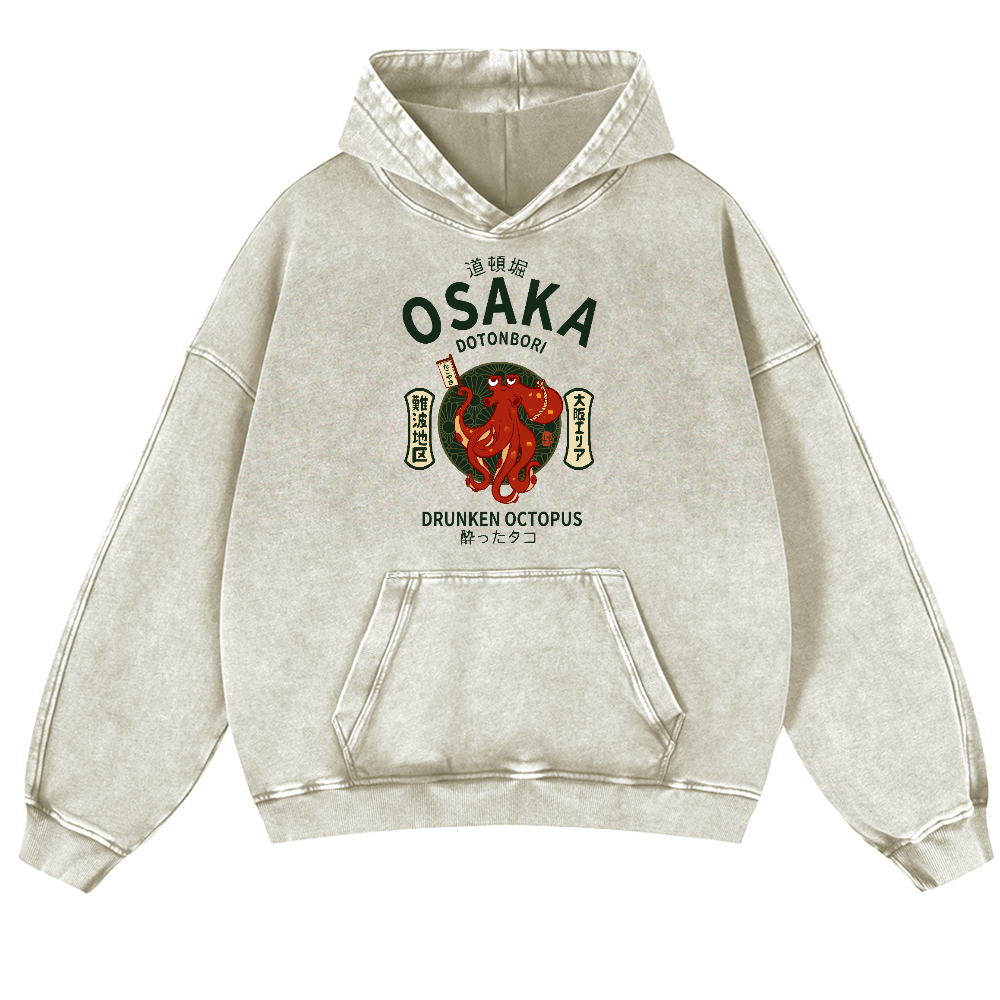 Osaka Dotonbori Drunken Octopus Vintage Washed Thick Cotton Hoodie