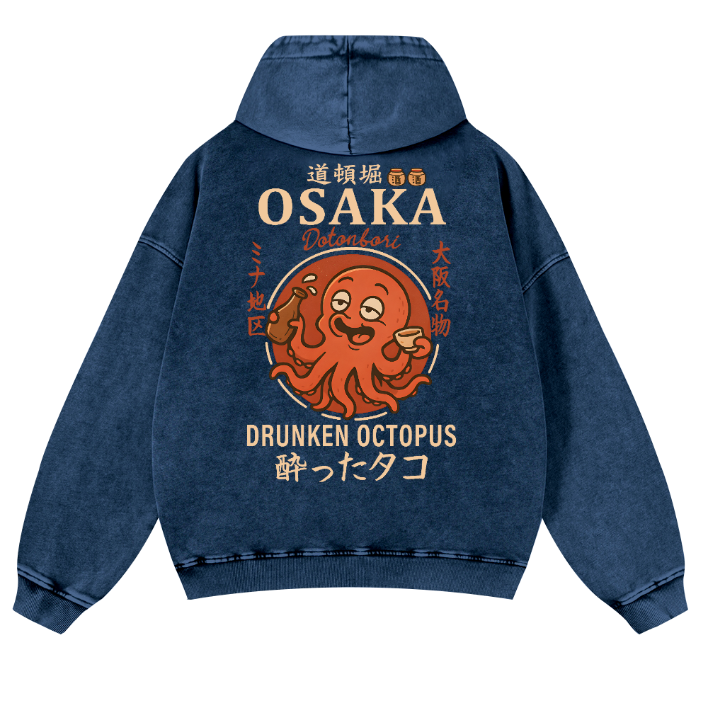 Osaka Dotonbori Drunken Octopus Vintage Washed Cotton Back Art Hoodie