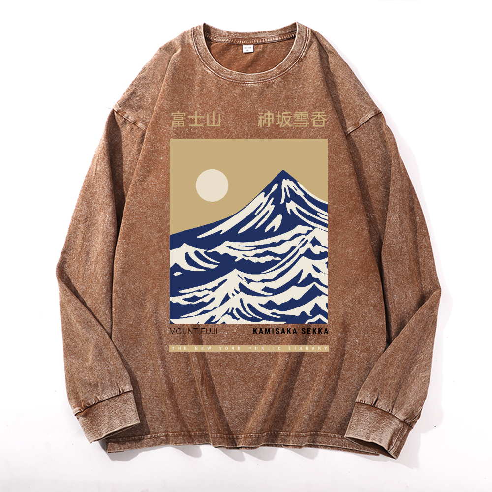 Mount Fuji Vintage Cotton Wash Crewneck Long-Sleeve T-Shirt