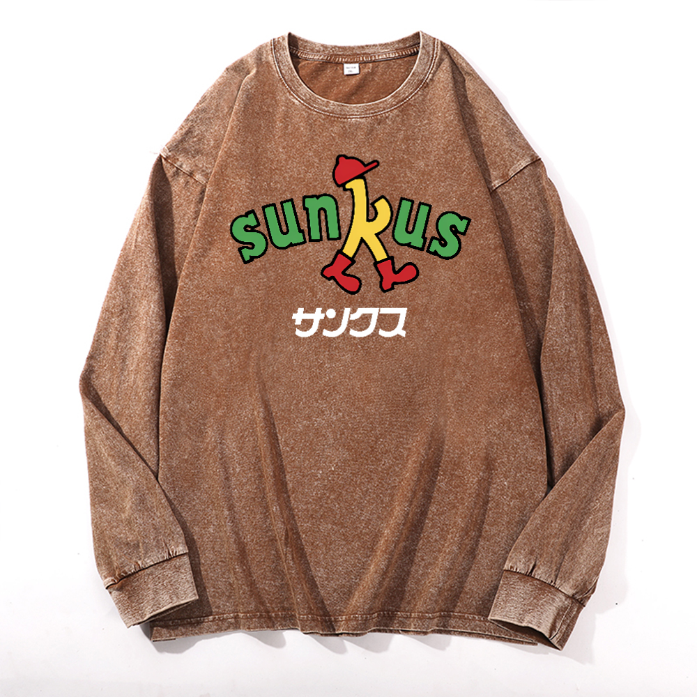Sunkus Vintage Cotton Wash Crewneck Long-Sleeve T-Shirt