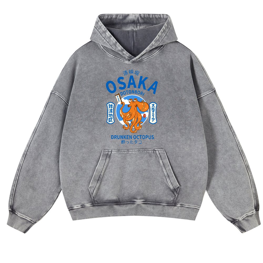 Osaka Dotonbori Drunken Octopus Vintage Washed Thick Cotton Hoodie